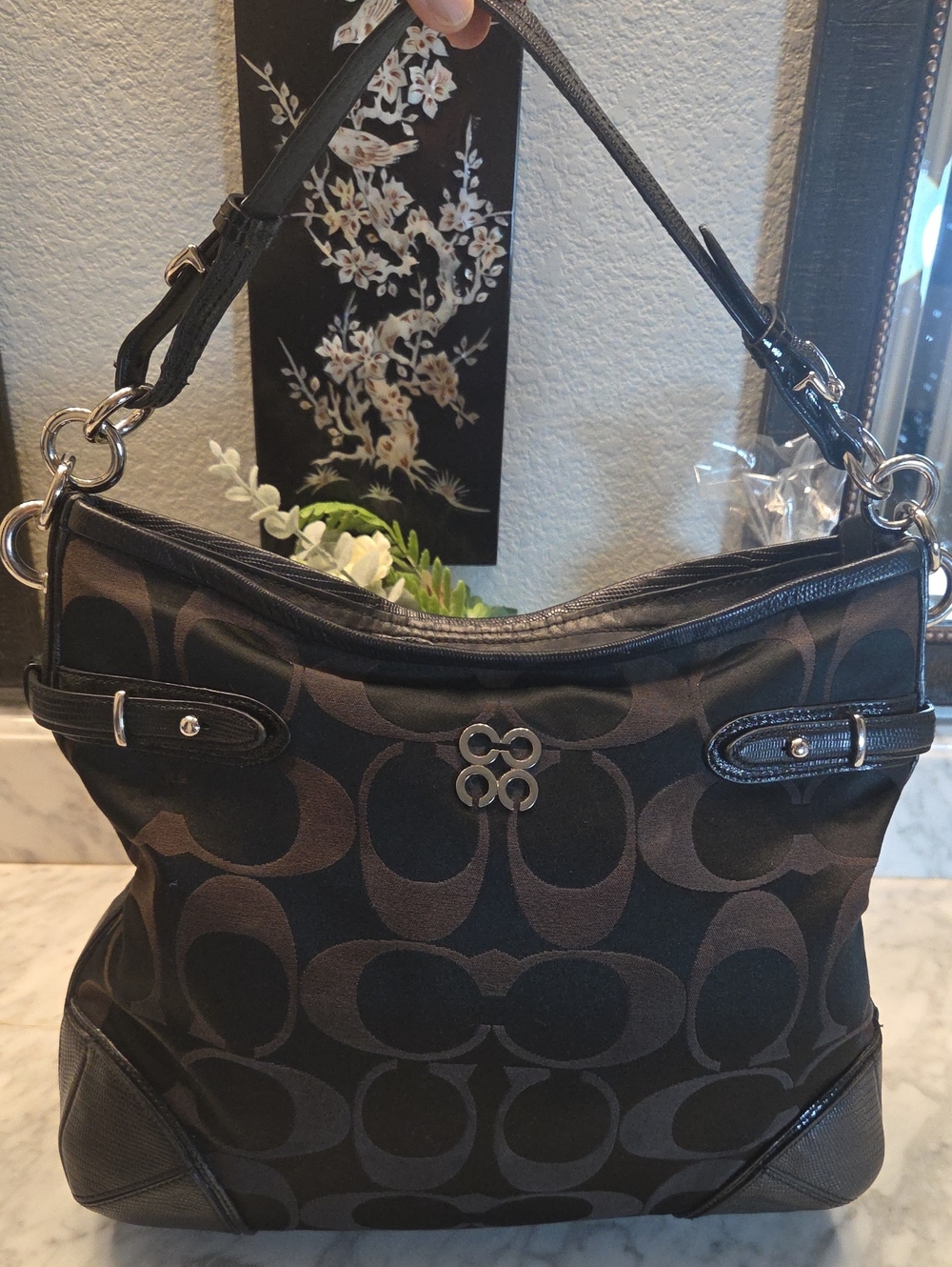 Pre-loved 2010 Coach Signature Logo Black/Brown Hobo Bag